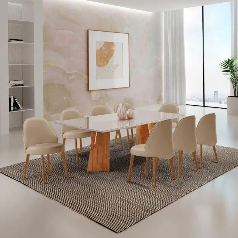 Mesa Florida Tampo Laqueado Com Vidro E 8 Cadeiras Suiça Veludo Creme /laq Off/cinam. Imbuia