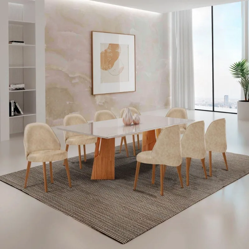 Mesa Florida Tampo Laqueado Com Vidro E 8 Cadeiras Suiça Milano/laq Off/cinam. Imbuia