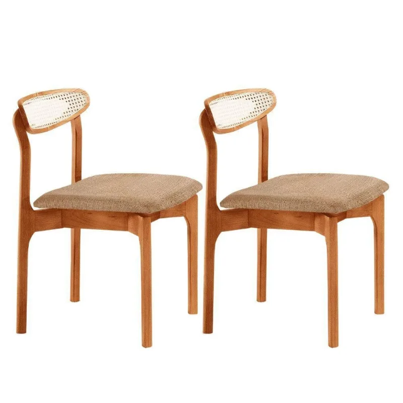 Conjunto 2 Cadeira De Jantar Noronha Premium Moderna Mobília Linho Palha / Imbuia Nat - moderna