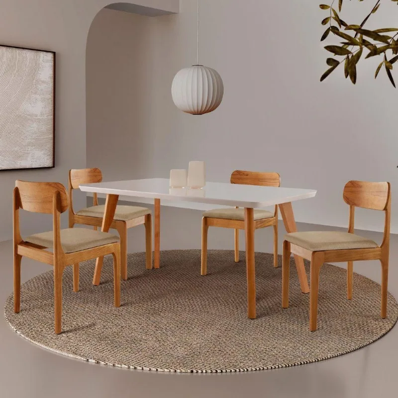 Sala de Jantar Malta 4 Lugares Tampo MDF com Cadeiras Madeira Off White 120CM Moderna