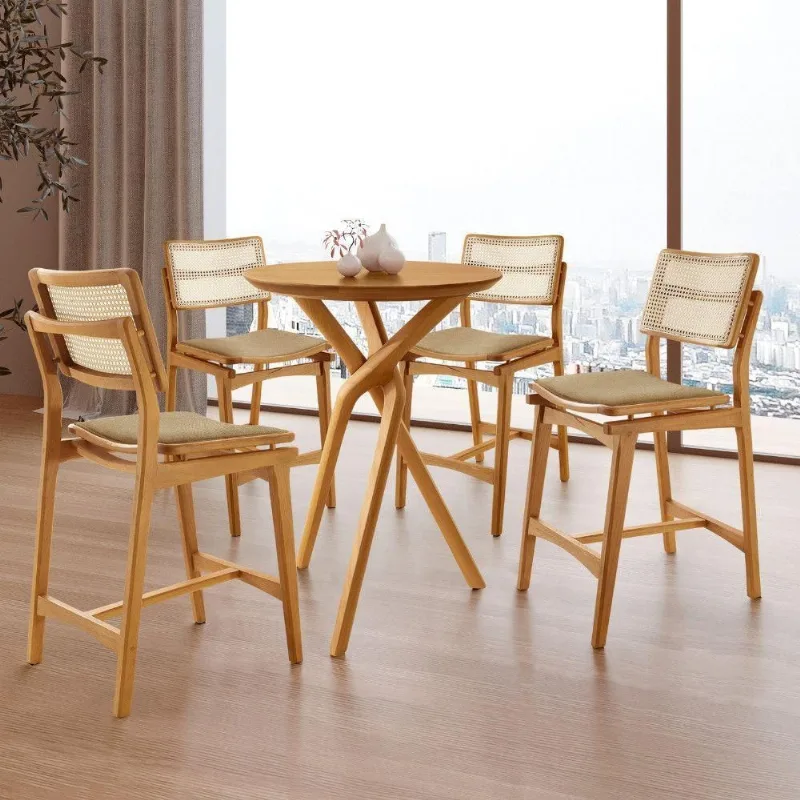 Conjunto Bistrô Ballare 4 Banquetas Tampo MDF Estofado Rattan Imbuia 60CM Moderna - moderna