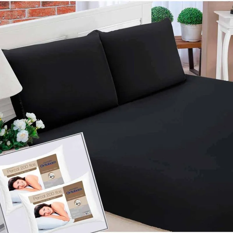 Kit Jogo de Cama Casal Pati 03 Peças Preto + 02 Travesseiros 200 Fios Ortobom
