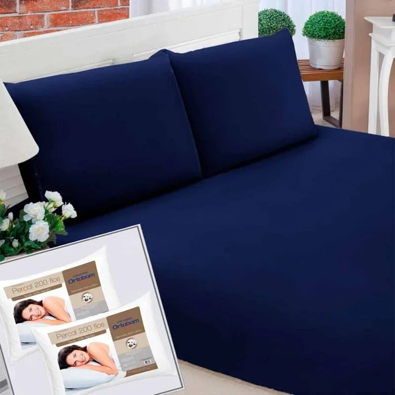 Kit Jogo de Cama Casal Pati 03 Peças Marinho + 02 Travesseiros 200 Fios Ortobom
