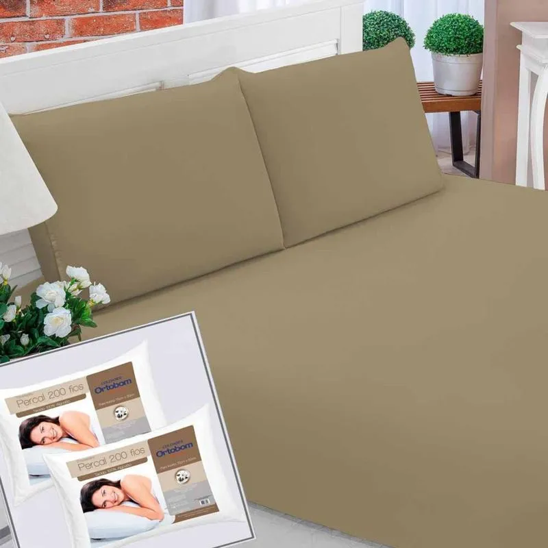 Kit Jogo de Cama Queen Pati 03 Peças Caqui + 02 Travesseiros 200 Fios Ortobom