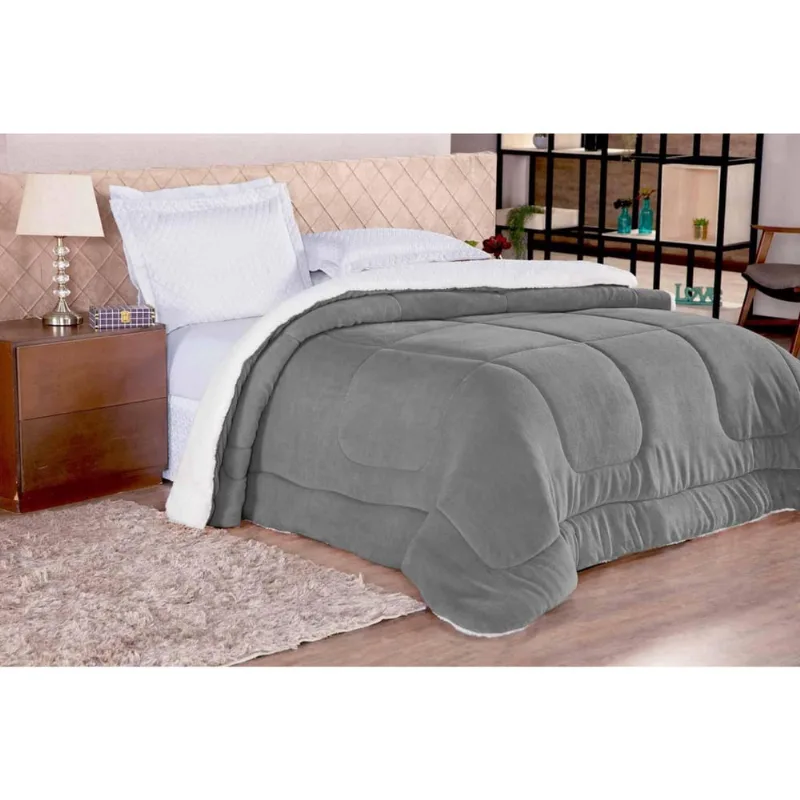 Coberdrom Solteiro Alaska Sherpa/Manta Dupla Face Cinza