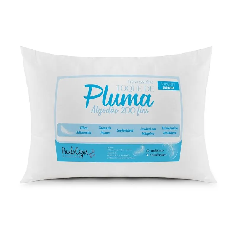 Travesseiro Toque de Pluma Pena Percal 100% Algodão 200 Fios 50x70cm Antiácaro, Antialérgico, Lavável em Máquina