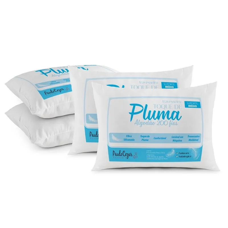 Kit 04 Travesseiros Toque de Pluma Pena Percal 100% Algodão 200 Fios 50x70cm Antiácaro, Antialérgico, Lavável em Máquina