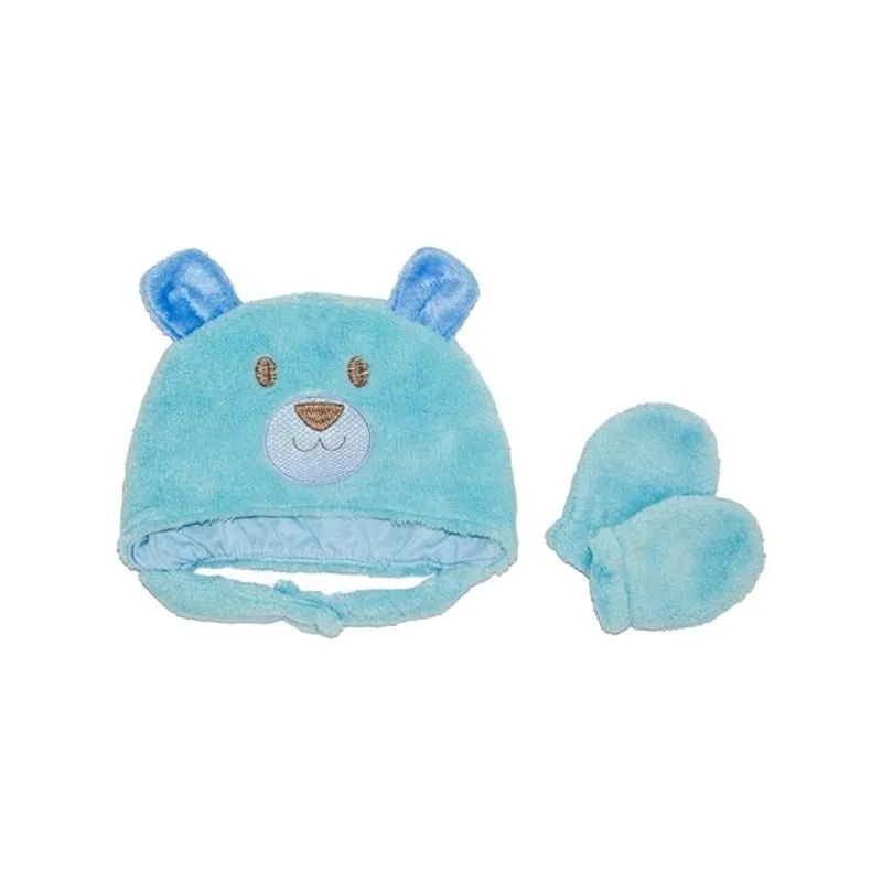 Kit bebe touca / gorro bordado + luvas microfibra baby joy