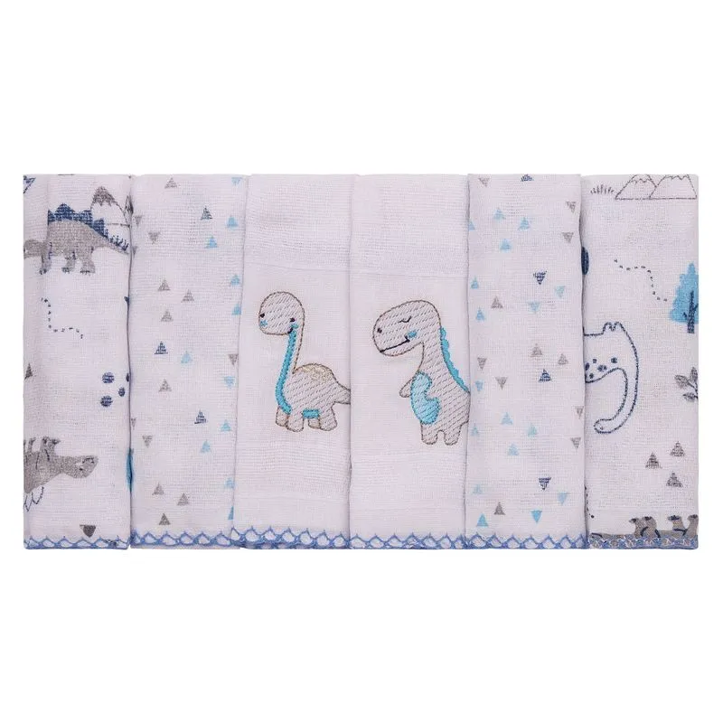 Pano De Boca Baby Joy Trends Estampado/liso C/bordado C/picueta 34cmx40cm Pct C/06un //dino