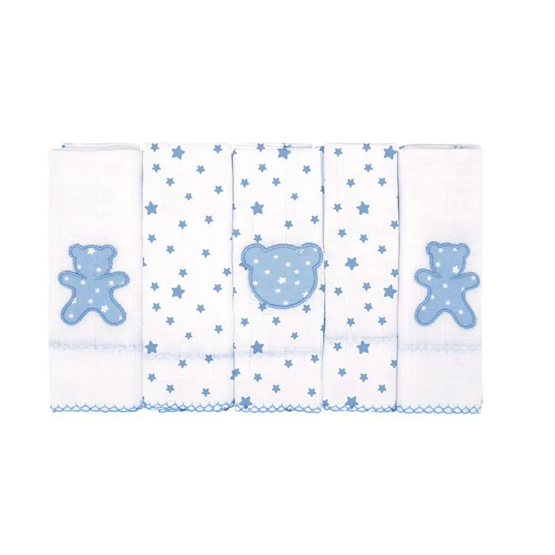 Pano De Boca Bublim Petit Estampado/liso C/bordado E Picueta 38cmx40cm Pct C/05un //azul