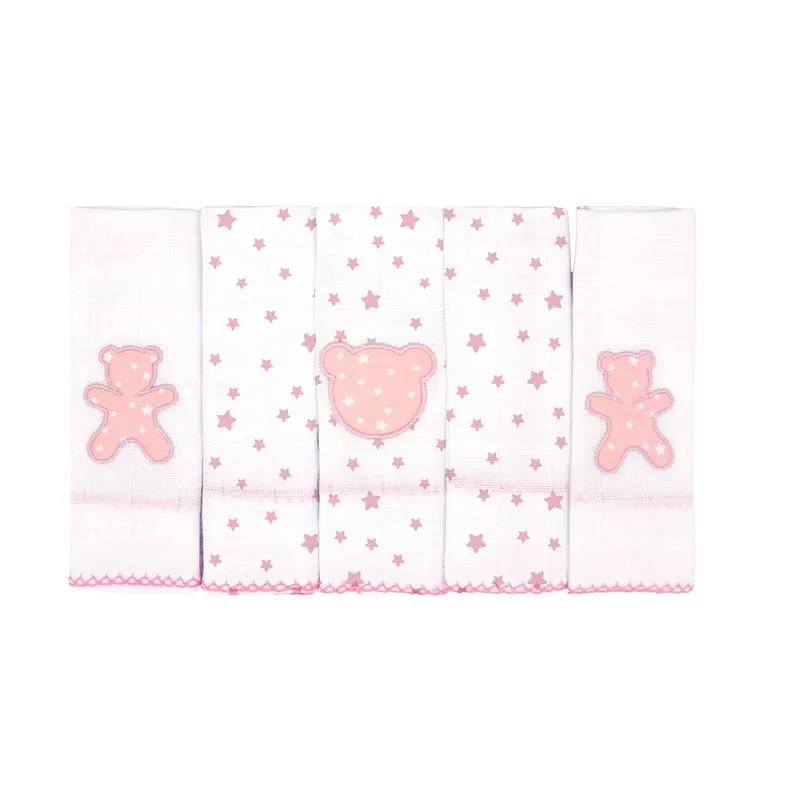 Pano De Boca Bublim Petit Estampado/liso C/bordado E Picueta 38cmx40cm Pct C/05un //rosa