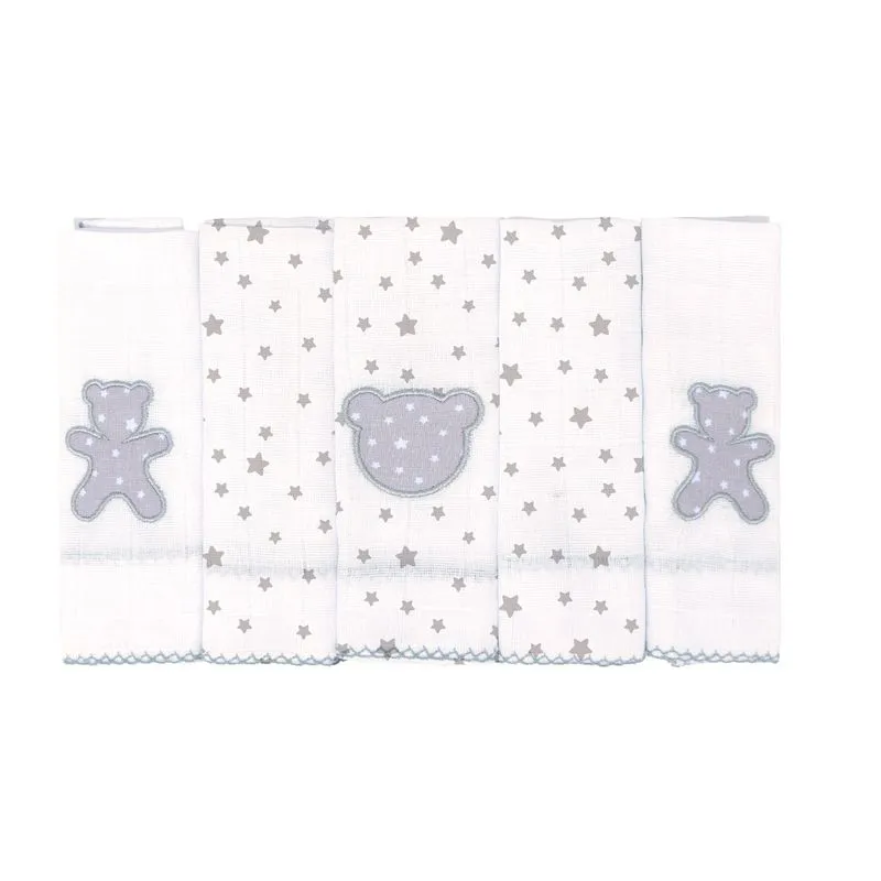 Pano De Boca Bublim Petit Estampado/liso C/bordado E Picueta 38cmx40cm Pct C/05un //cinza