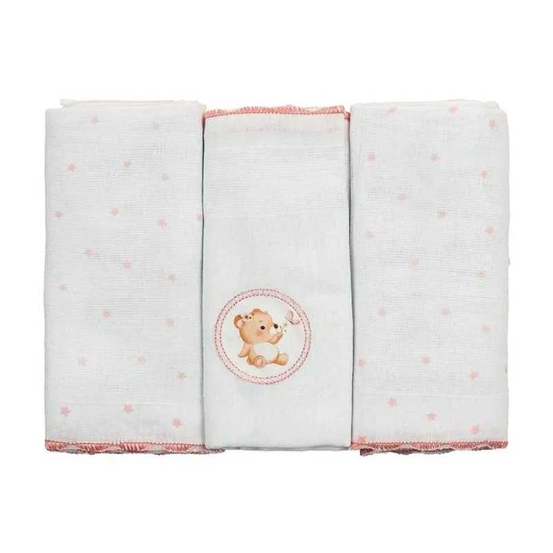 Kit Fralda De Pano Sonhos Luxo 3 Peças Urso Rosa (MP)