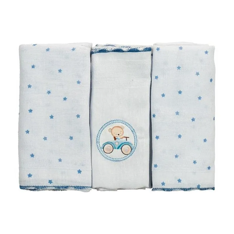 Kit Fralda De Pano Sonhos Luxo 3 Peças Urso Azul (MP)