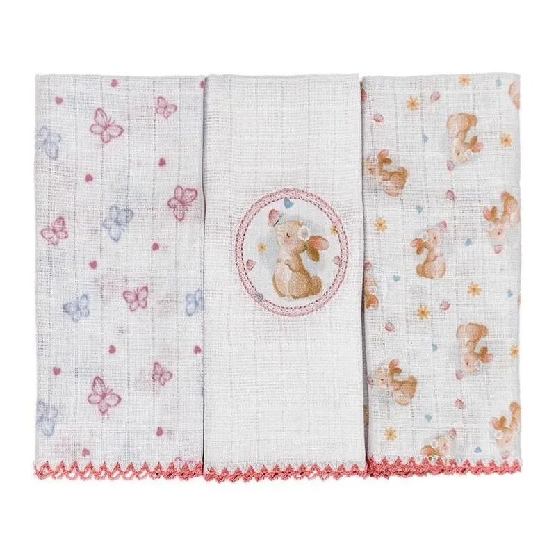 Kit Pano De Boca Baby Joy 3 Peças Coelho Rosa (MP)