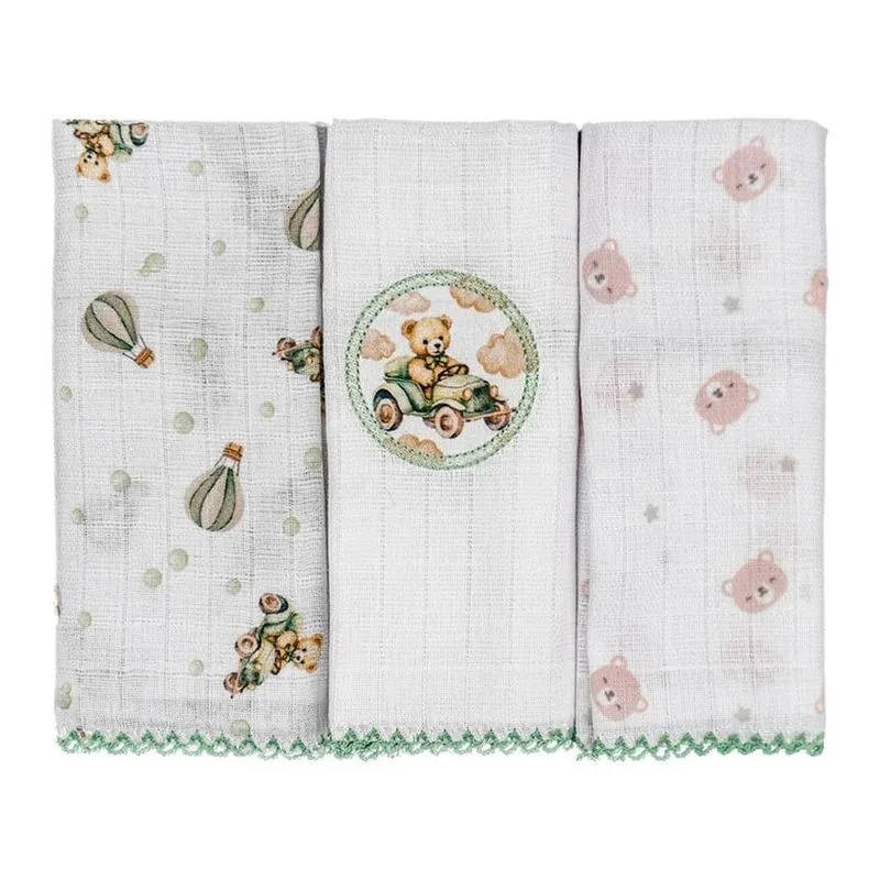 Kit Pano De Boca Baby Joy 3 Peças Urso Verde (MP)