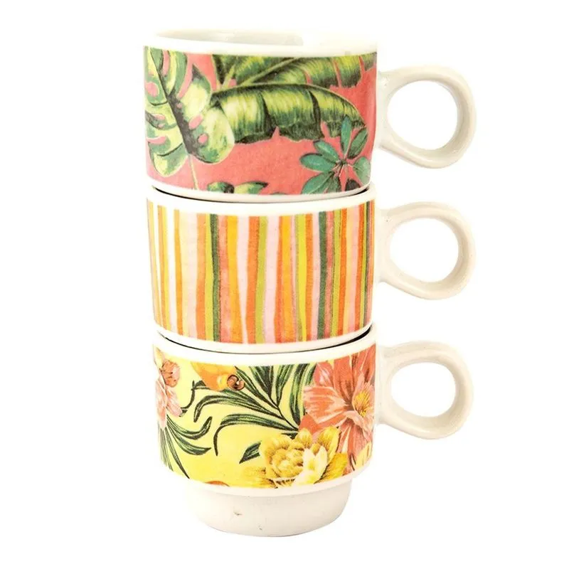 Conjunto com 3 Canecas de Cerâmicas Empilháveis Coleção Tropical Uatt? 120ml