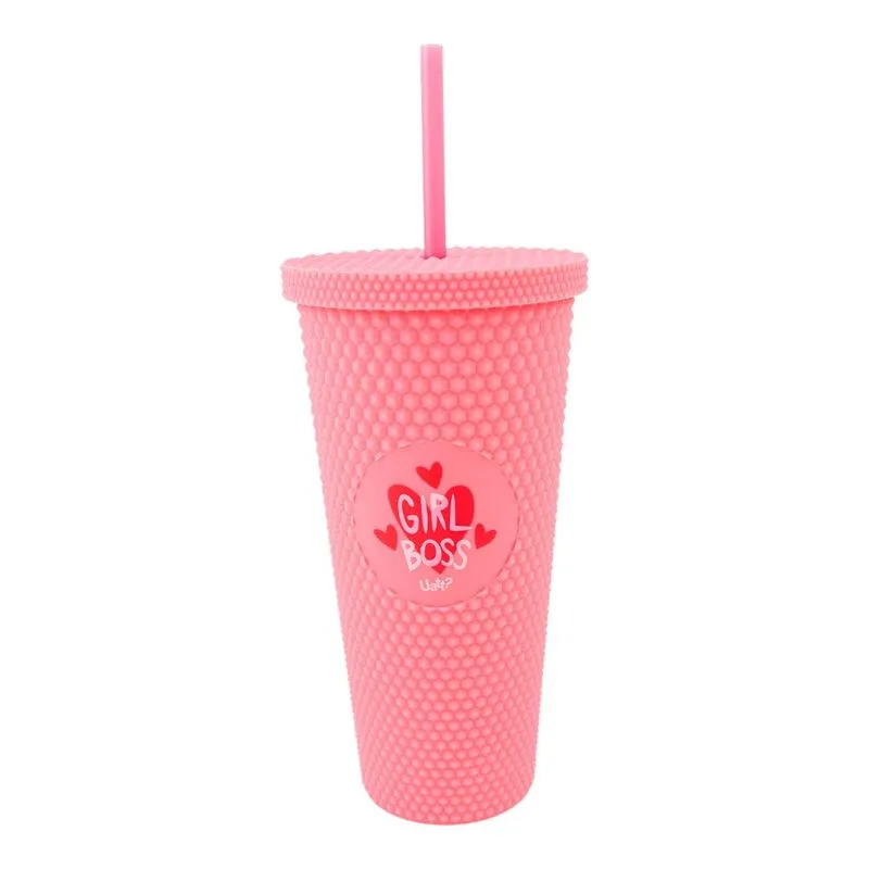 Copo com canudo texturizado 700ML girl boss rosa fosco uatt