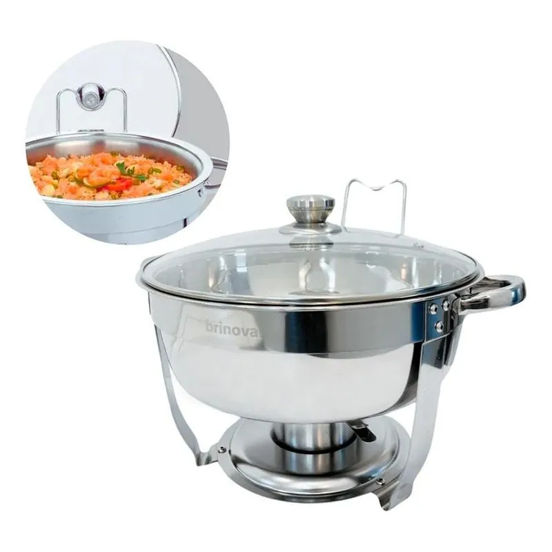 3x Rechaud Redondo 5 Litros Aço Inox Banho Maria Buffet Com