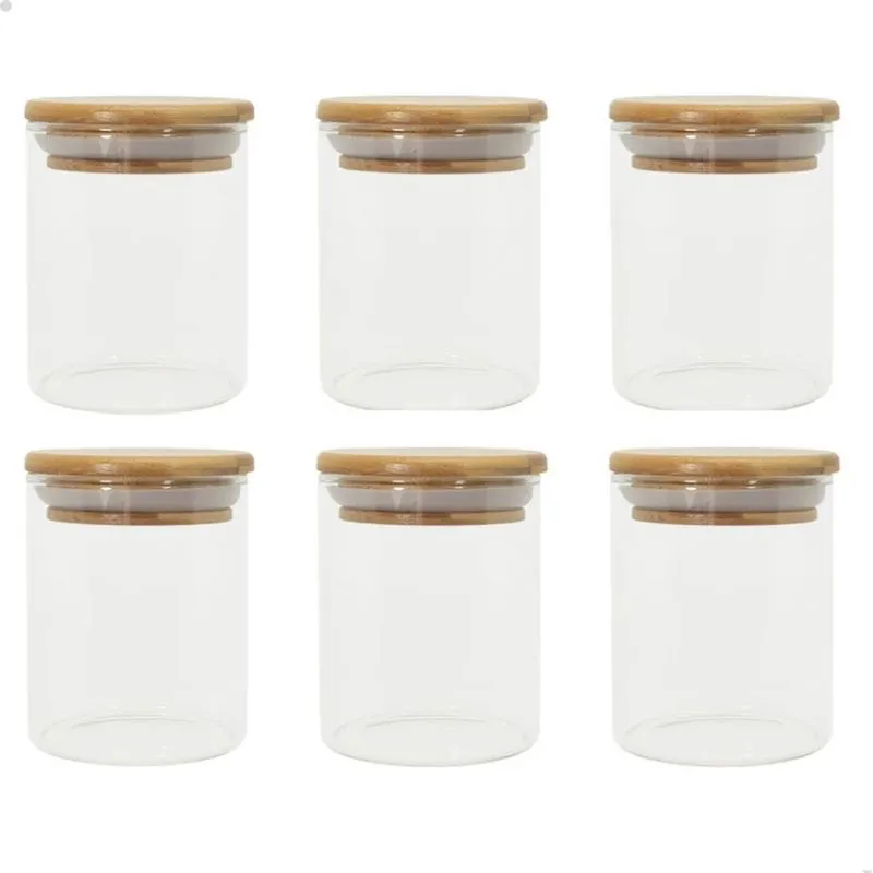 Kit 6 Potes Vidro 200ml Hermético Tampa Redonda Bambu Oikos