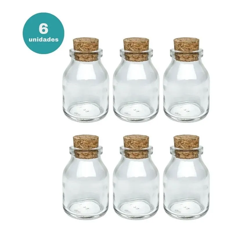 Kit 6 Potes De Vidro Tampa Rolha Cortiça 50ml Frasco
