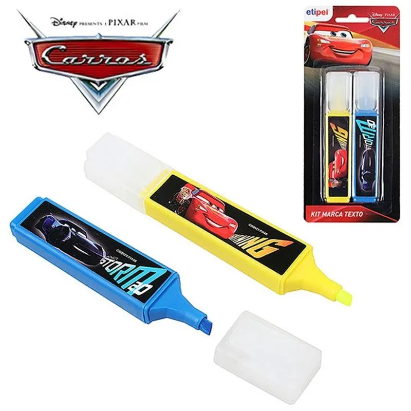 Kit 2 Canetas Marca Texto Infantil Amarelo Azul Carros