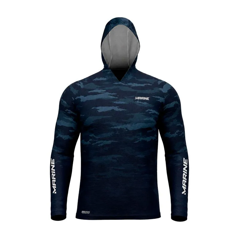 Camisa Pesca Marine Cammo Azul Com Capuz Proteção UV FPS 50+ Dryout