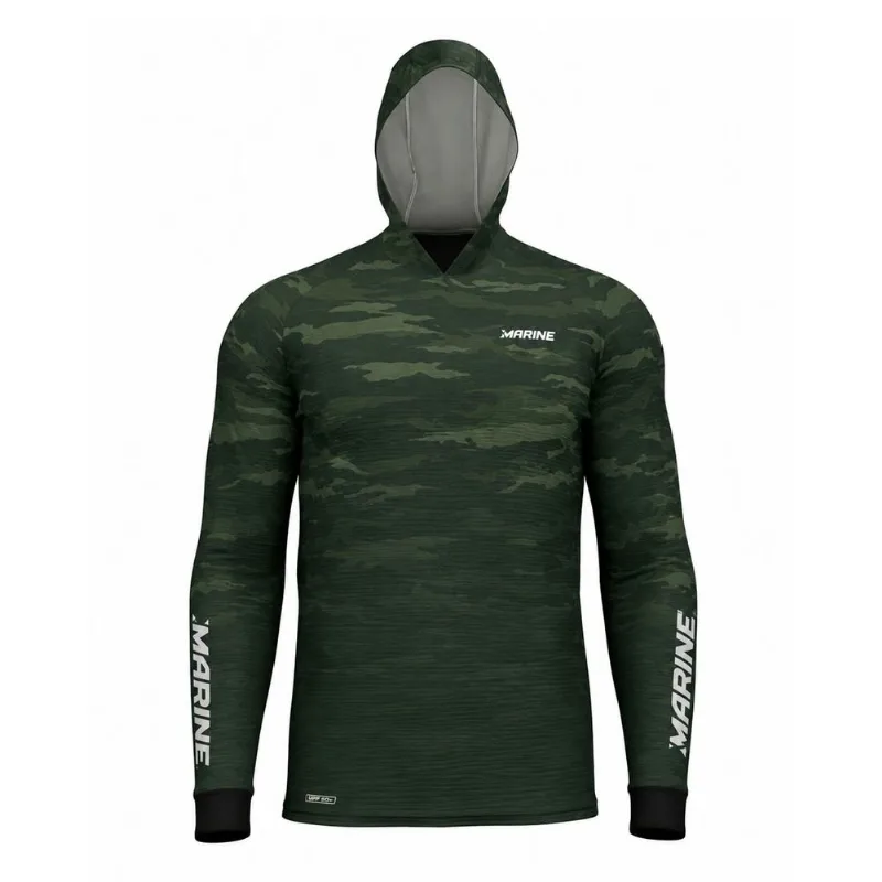 Camisa Pesca Marine Cammo Verde Com Capuz Proteção Uv Fps 50+ Dryout