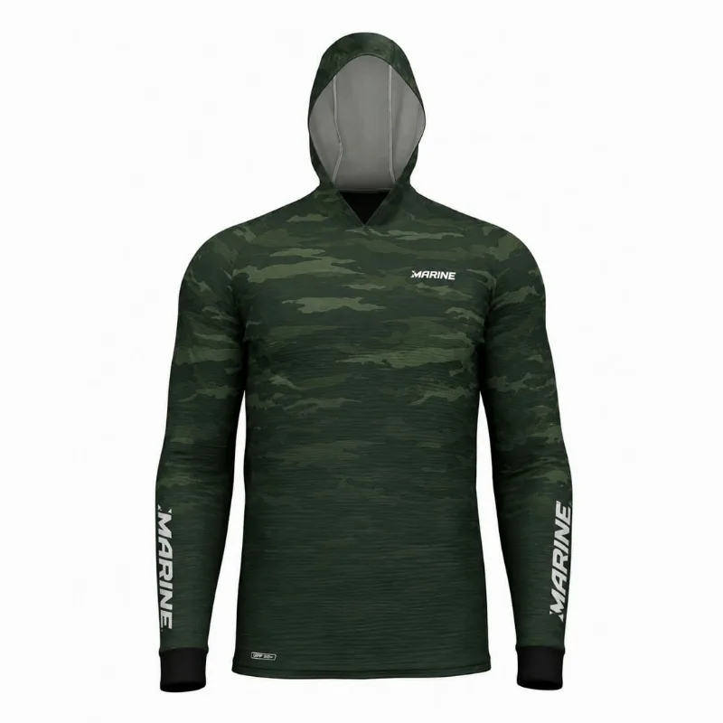 Camisa Pesca Marine Cammo Verde Com Capuz Proteção Uv Fps 50+ Dryout