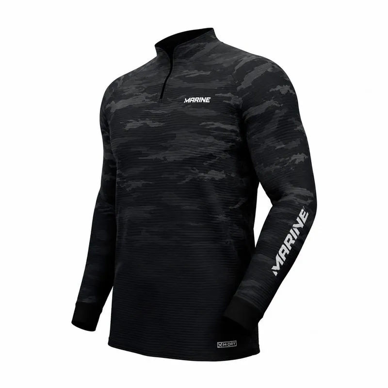 Camisa Pesca Marine Sports Cammo Preta Proteção UV FPS 50+ Dryout