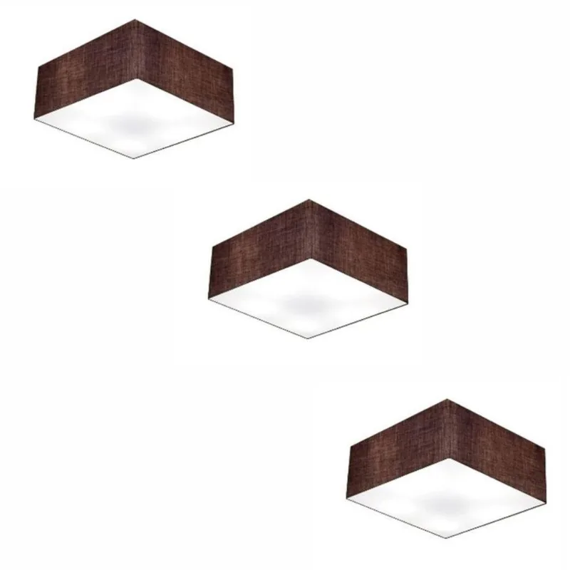 Kit 3 Plafon Quadrado Cúpula Tecido 12/25x25cm Café Bivolt - Vivare Brasil Iluminação