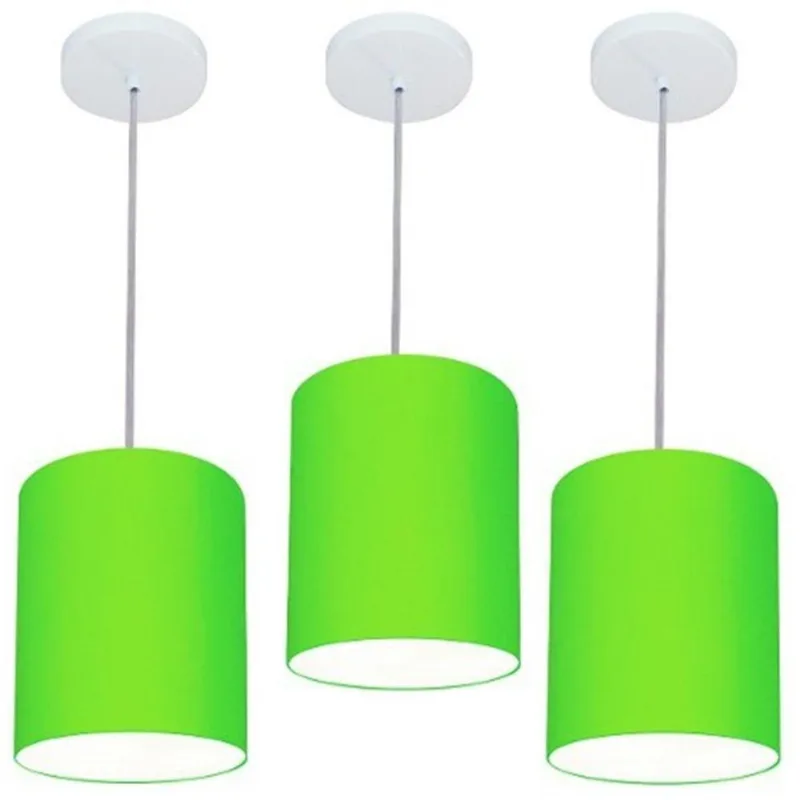 Kit 3 Lustre Pendente Cilíndrico 18x25cm Verde Limão Bivolt - Vivare Brasil Iluminação