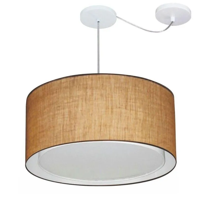 Lustre Pendente Cilíndrico MD-4308 Cúpula Em Tecido 50x30cm Desvio De Centro Palha Vivare Brasil