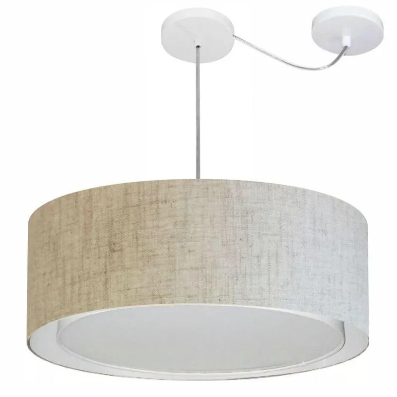 Lustre Pendente Cilíndrico MD-4317 Com Cúpula Em Tecido 60x25cm Desvio De Centro Rústico Bege Vivare