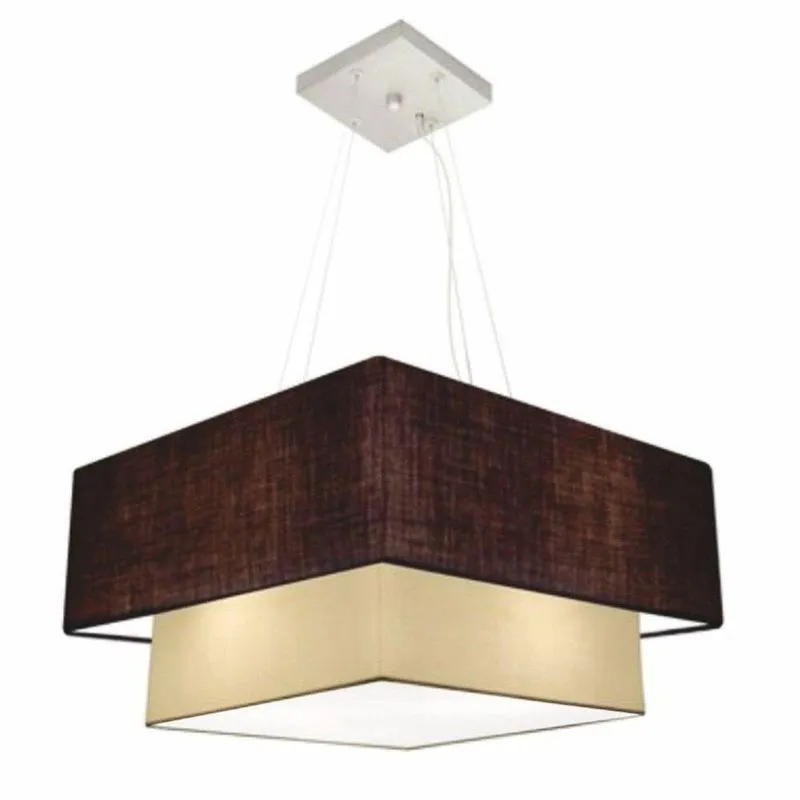 Lustre Pendente Duplo Quadrado MD-4083 Cúpula em Tecido 70x50cm Café Algodão Cru Vivare Brasil