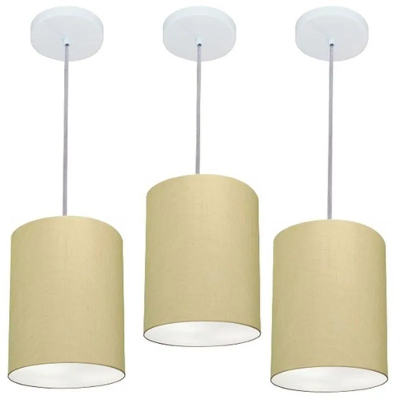 Kit/3 Lustre Pendente Cilíndrico Md-4012 Cúpula Em Tecido 18x25cm Algodão Crú - Bivolt
