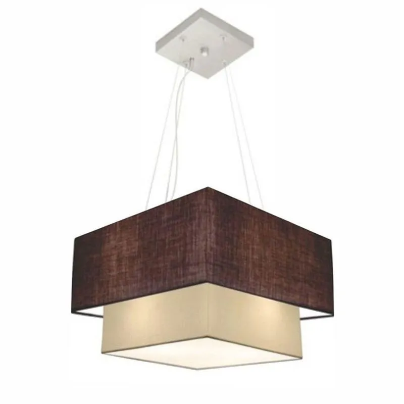 Lustre Pendente Duplo Quadrado MD-4157 Com Cúpula Em Tecido Café Bege Bivolt Vivare Brasil