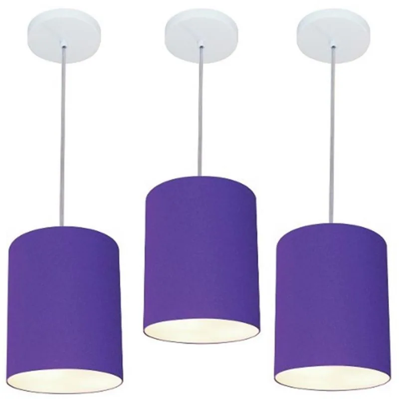 Kit 3 Lustre Pendente Cilíndrico Md-4012 18x25cm Roxo Bivolt