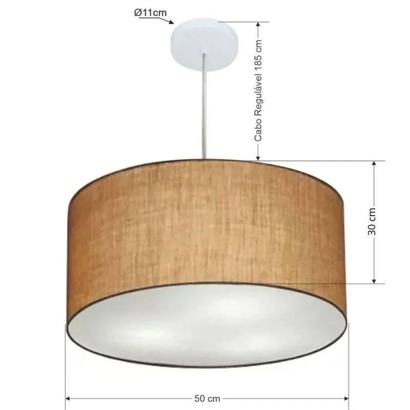Lustre Pendente Cilíndrico MD-4213 Cúpula em Tecido 50x30cm Palha Vivare Brasil Iluminação