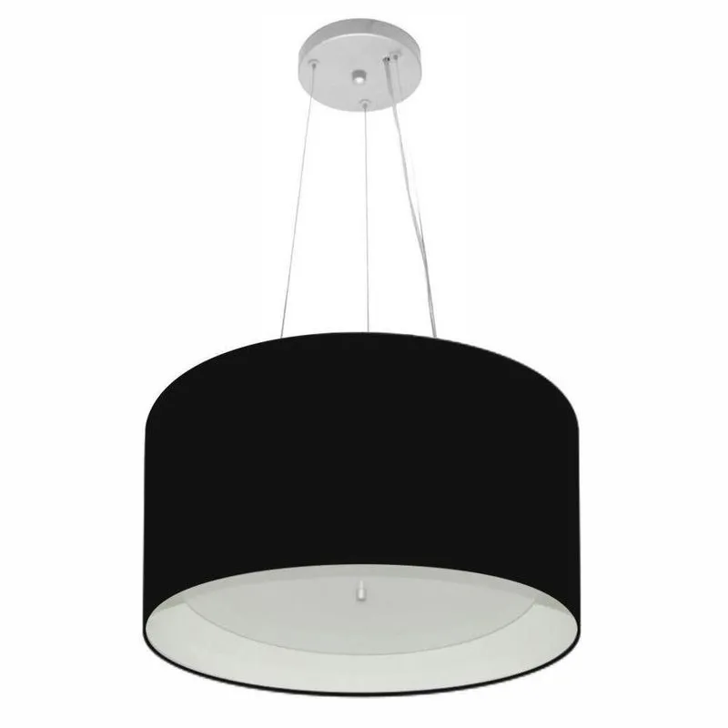 Lustre Pendente Cilíndrico MD-4319 Cúpula em Tecido 40x25cm Preto Branco Vivare Brasil Iluminação