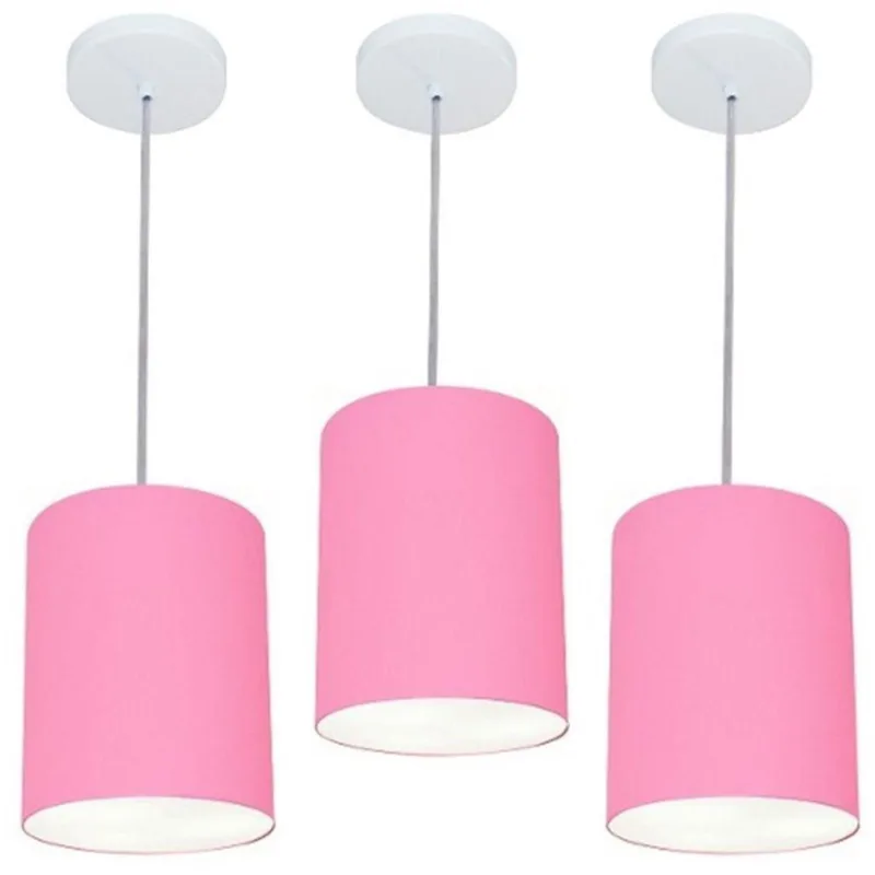 Kit 3 Lustre Pendente Cilíndrico 18x25cm Rosa Bebê Bivolt - Vivare Brasil Iluminação