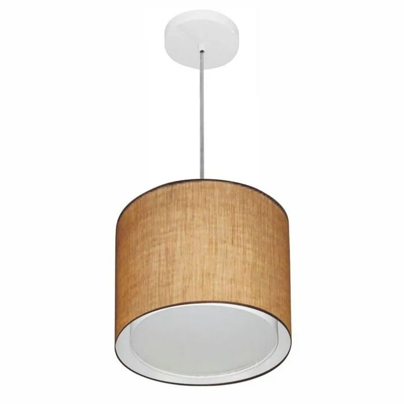 Lustre Pendente Cilíndrico Duplo MD-4284 Com Cúpula Em Tecido 30x30cm Palha Vivare Brasil Iluminação