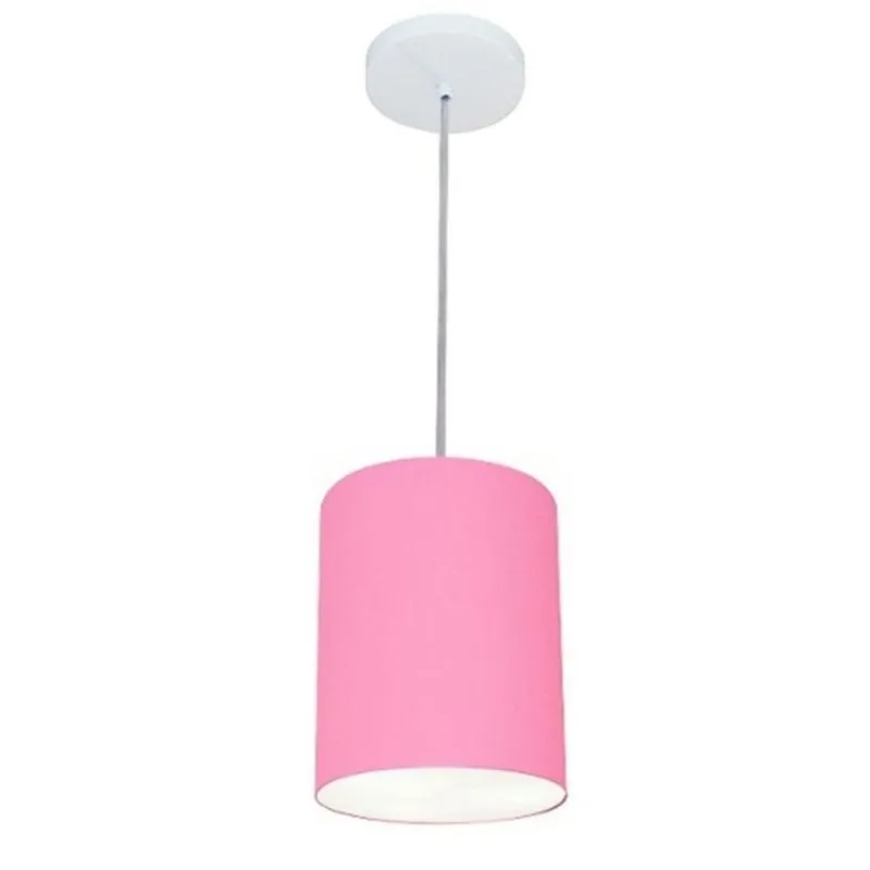 Lustre Pendente Cilíndrico Md-4012 Cúpula Em Tecido 18x25cm Rosa Bebê - Bivolt