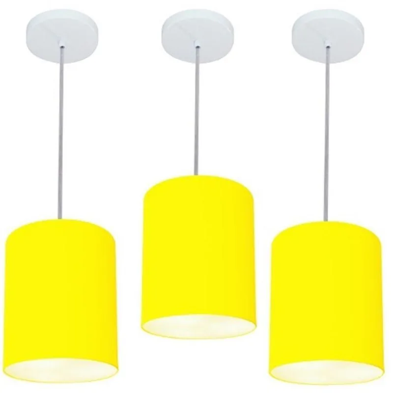 Kit 3 Lustre Pendente Cilíndrico 18x25cm Amarelo Bivolt - Vivare Brasil Iluminação