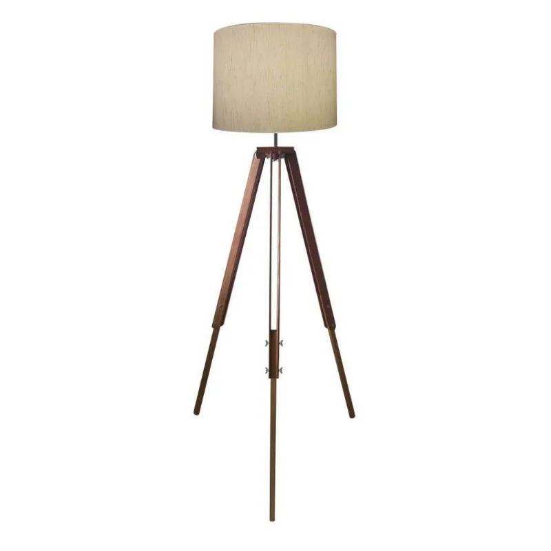 Luminária Chão Tripé Base Madeira 40x30cm Bivolt Linho Bege - Vivare Brasil Iluminação