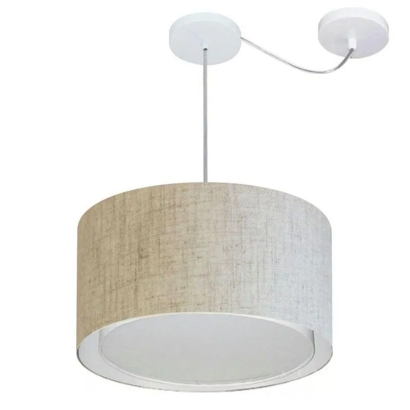Lustre Pendente Cilíndrico MD-4310 Com Cúpula Em Tecido 40x25cm E Desvio De Centro Rústico-Bege