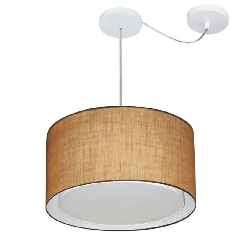 Lustre Pendente Cilíndrico MD-4305 Cúpula em Tecido 40x25cm com Desvio de Centro Palha Vivare Brasil