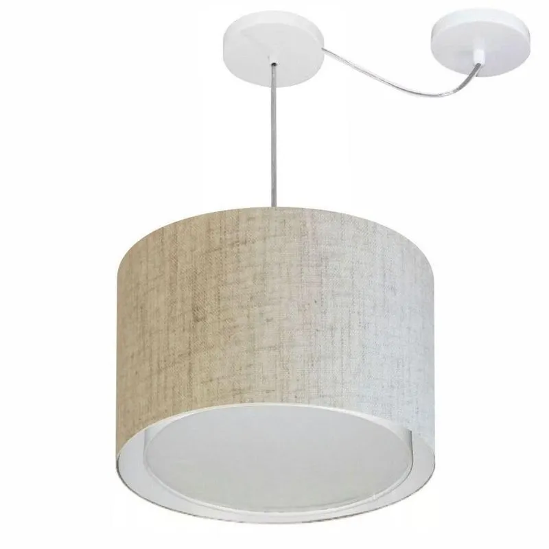 Lustre Pendente Cilíndrico Com Desvio De Centro Vivare Md-4312 Cúpula Em Tecido 40x30cm - Bivolt Linho Bege 127/220v