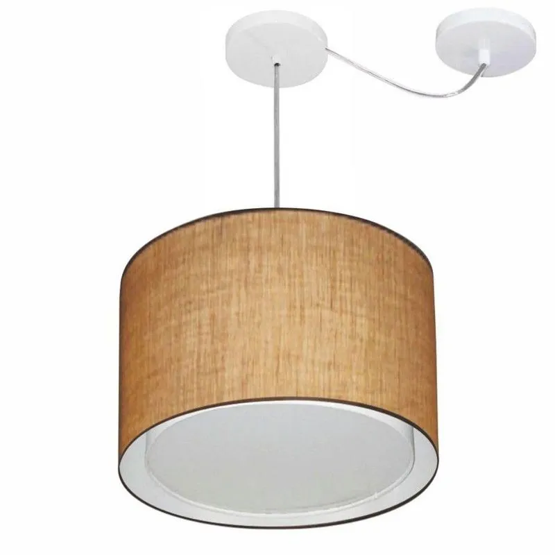 Lustre Pendente Cilíndrico Com Desvio De Centro Vivare Md-4312 Cúpula Em Tecido 40x30cm - Bivolt Palha 127/220v