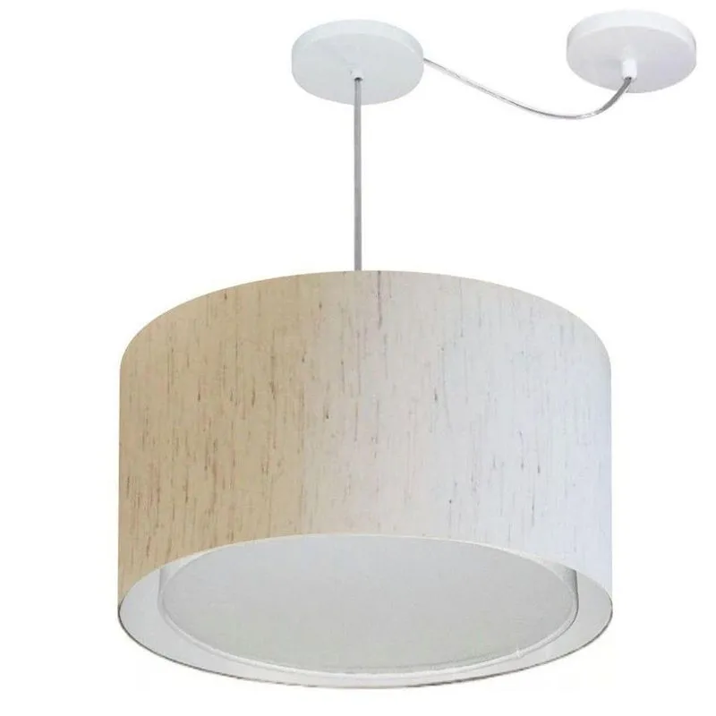 Lustre Pendente Cilíndrico Com Desvio De Centro Vivare Md-4313 Cúpula Em Tecido 45x30cm - Bivolt Linho Bege 127/220v
